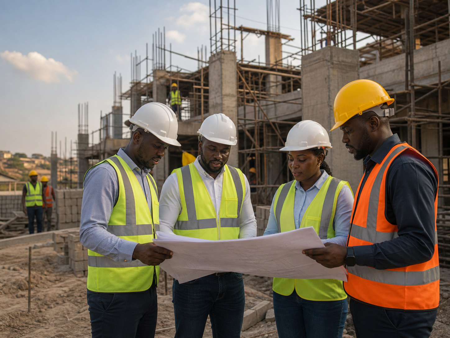 Nigerian engineering team reviewing construction plans on site