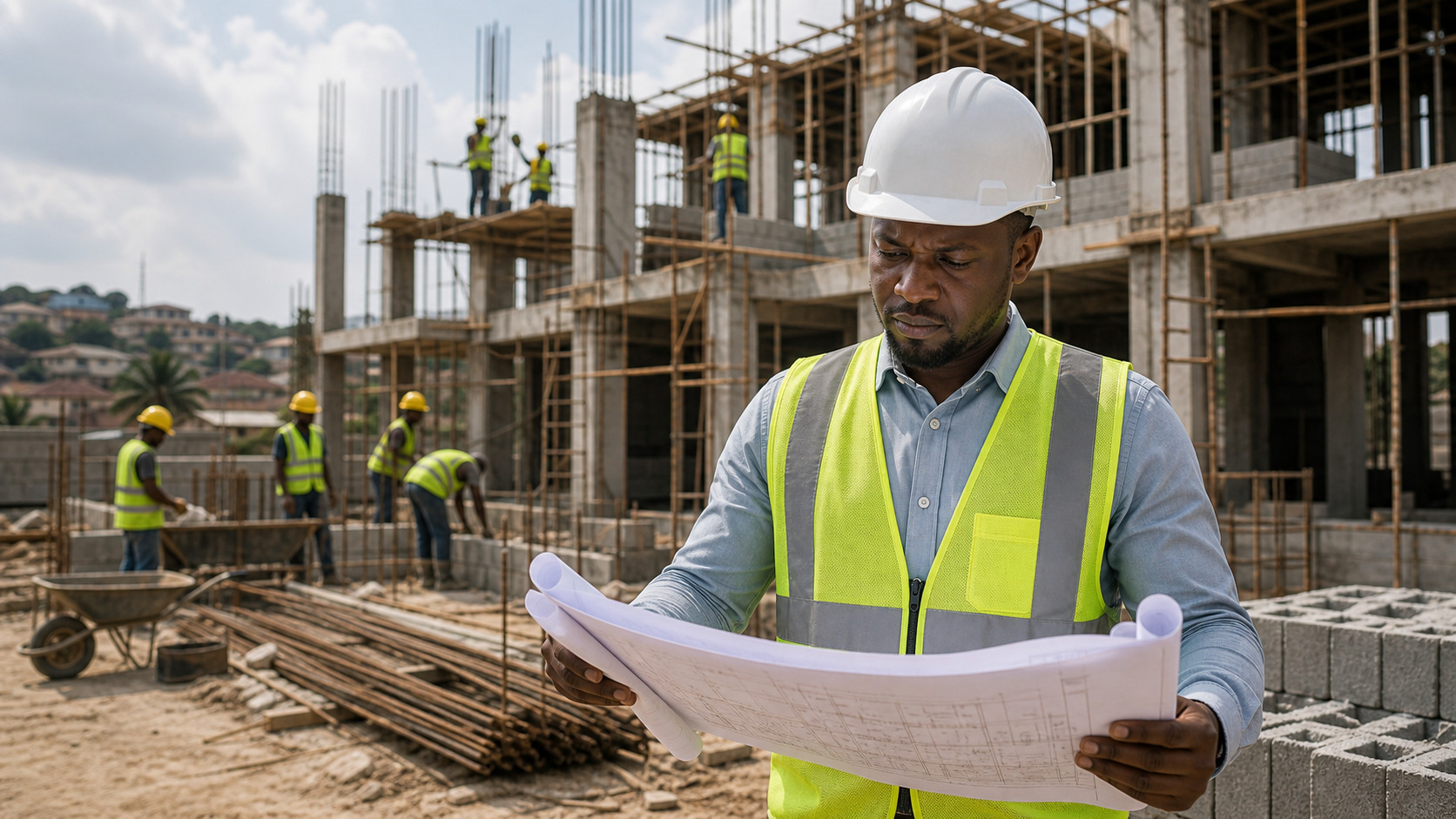 Site supervisor reviewing construction plans on a Nigerian project site